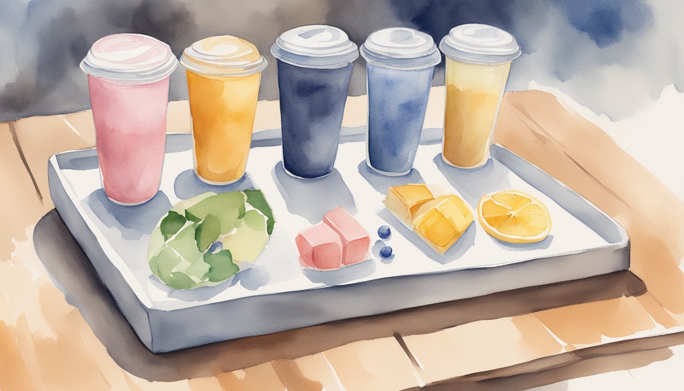 Watercolor of colorful beverages and snacks on tray.