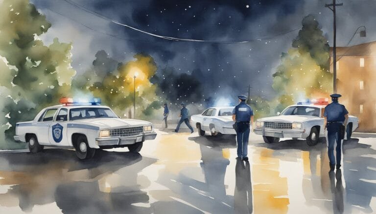 Watercolor of police cars and officers at night scene.