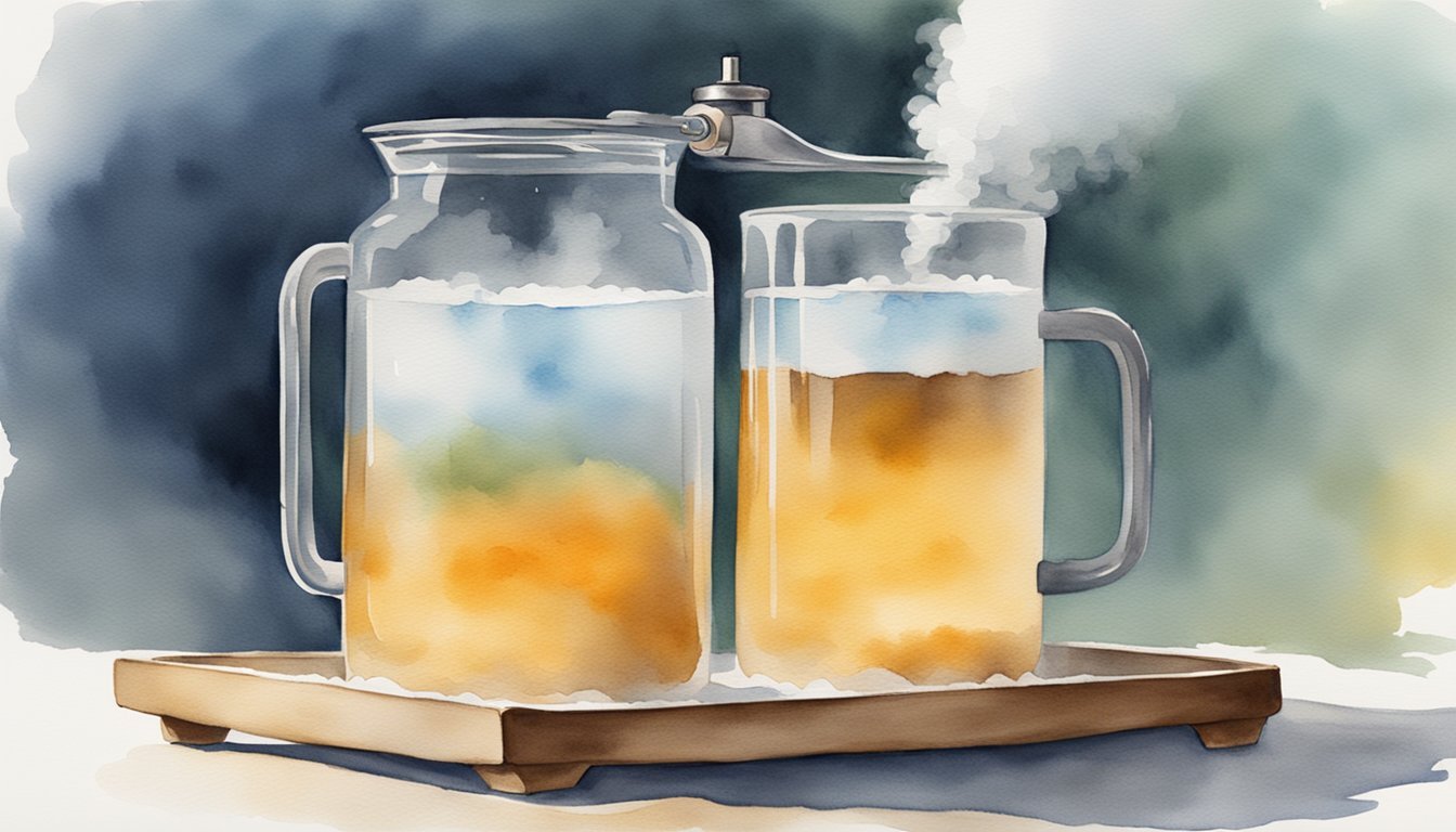 Watercolor of steaming tea in glass pitcher and mug.