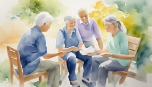 Elderly friends sharing memories on park bench.