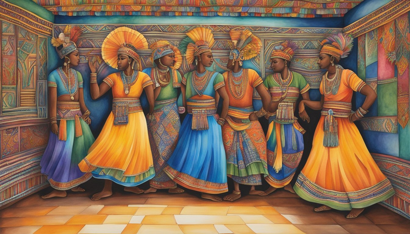 Colorful painting depicting traditional Indian dancers in vibrant attire.