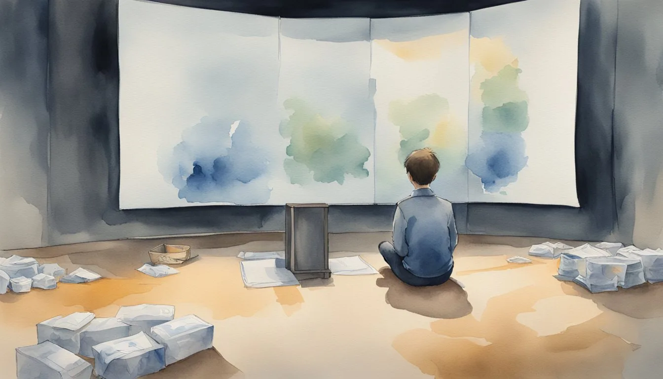 Man viewing abstract watercolor paintings in gallery.