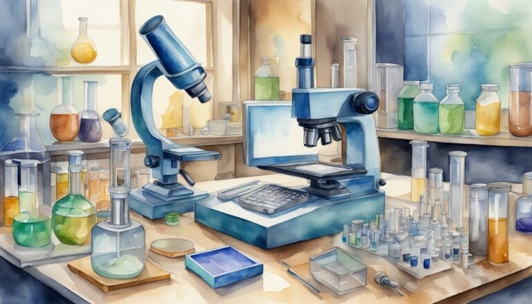 Watercolor painting of a detailed laboratory setup.