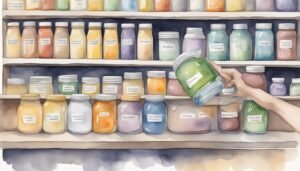 Hand selecting colorful jars from shelf, watercolor illustration.