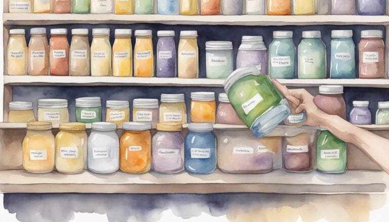 Hand selecting colorful jars from shelf, watercolor illustration.