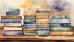 Stacks of colorful books, watercolor painting.