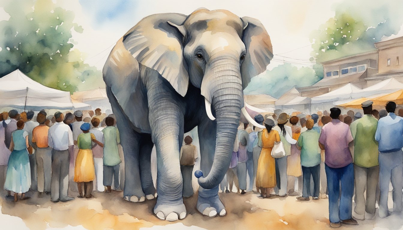 Elephant and crowd at outdoor market, watercolor illustration.