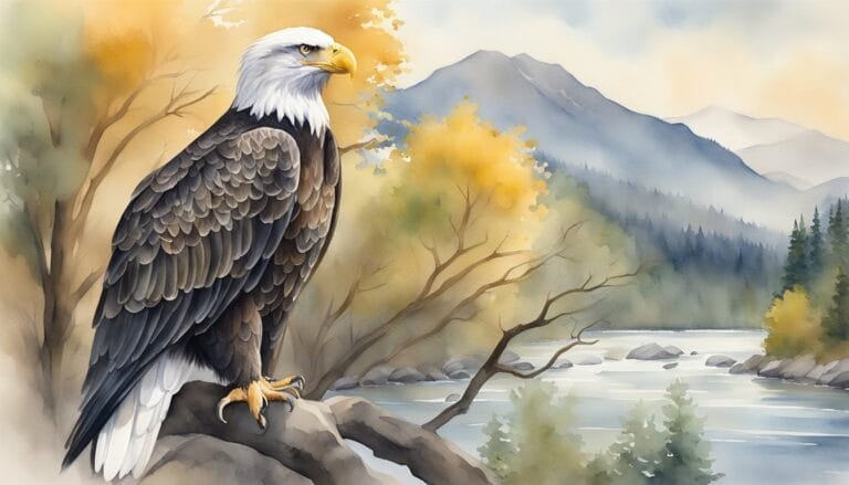 Bald eagle perched overlooking a misty mountain river.