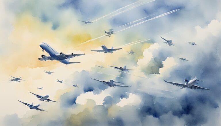 Watercolor painting of multiple airplanes flying amidst clouds.