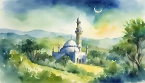 Watercolor mosque landscape with crescent moon at dusk.