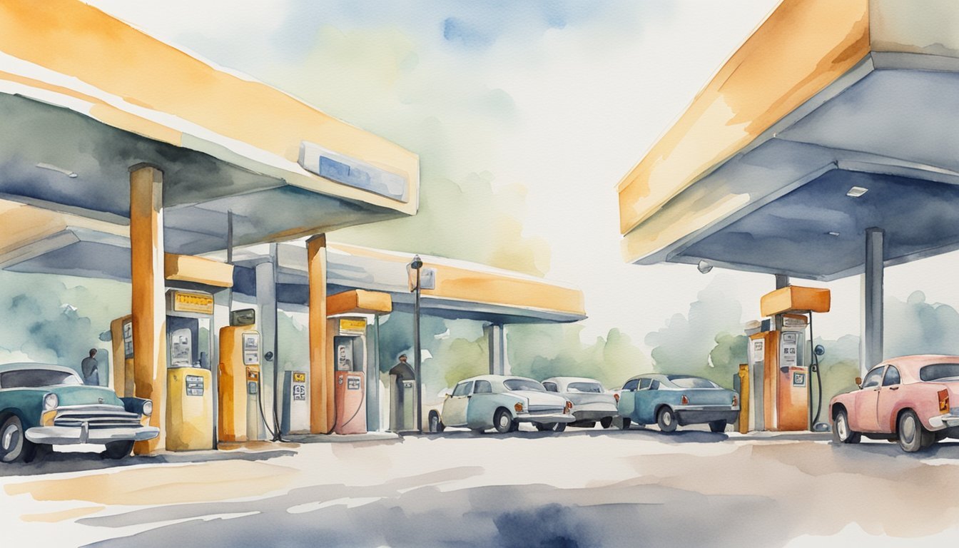 Vintage cars at a retro watercolor gas station.