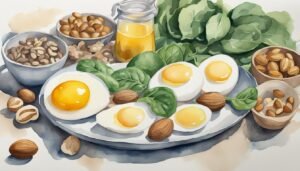 Watercolor illustration of healthy breakfast with eggs and nuts.