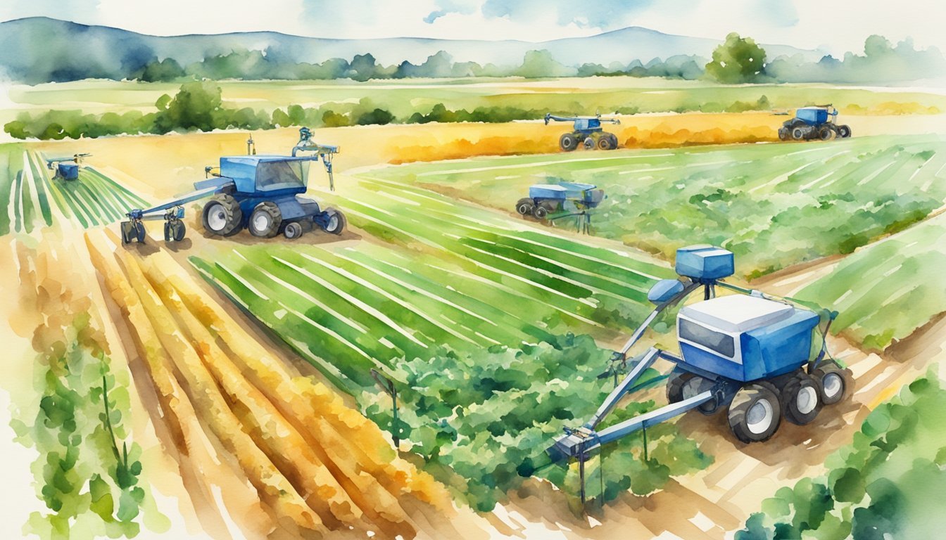 Watercolor painting of tractors farming in rural landscape.