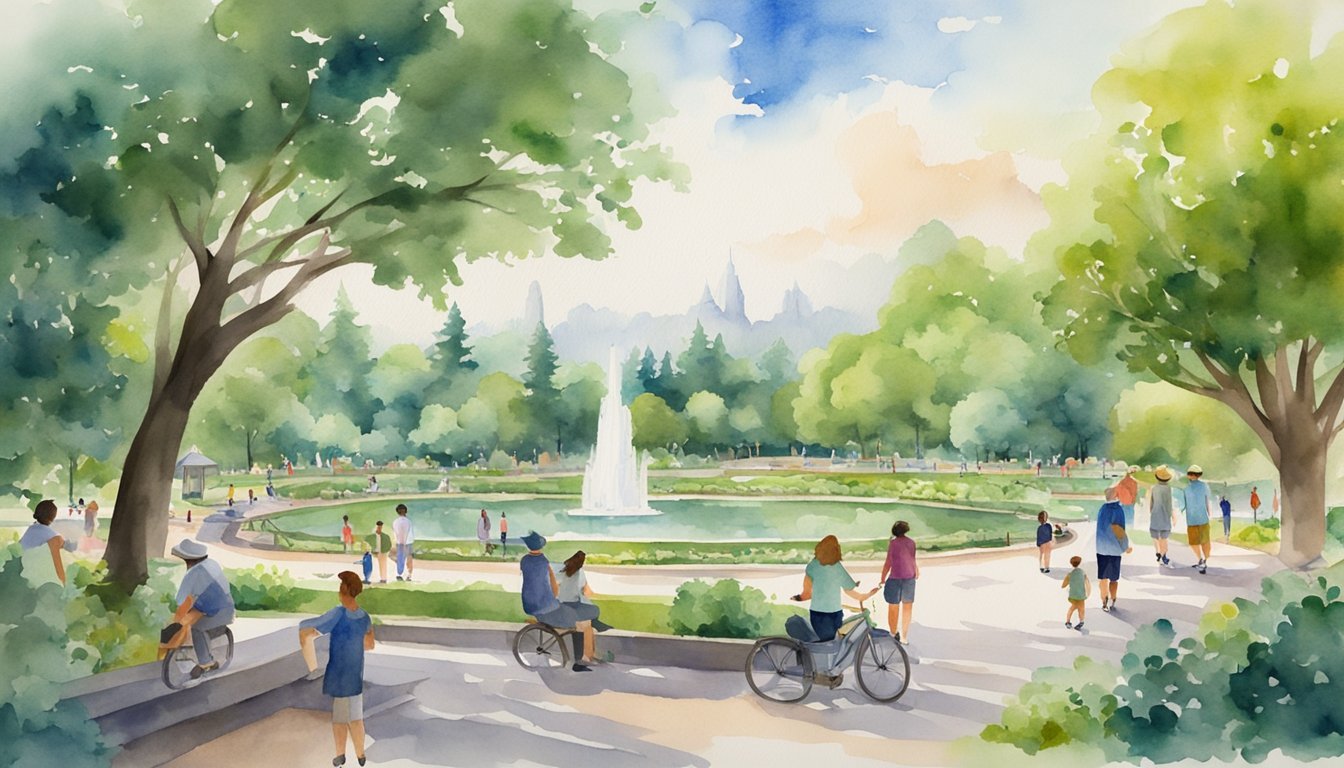 Watercolor painting of a vibrant park with fountain.