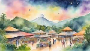 Watercolor painting of a vibrant marketplace at sunset.