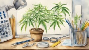 Watercolor of cannabis plant on artist's desk setup.