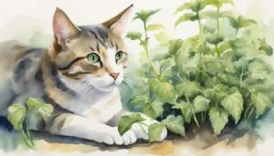 Tabby cat lounging by lush green plants, watercolor art.