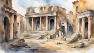 Watercolor painting of ancient Roman ruins.