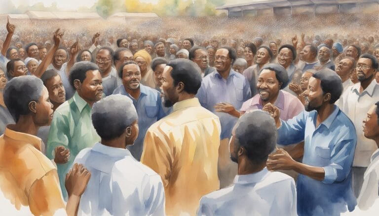 Large crowd listening to a speaker at outdoor event.