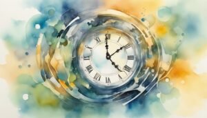 Abstract watercolor painting of swirling clock face.