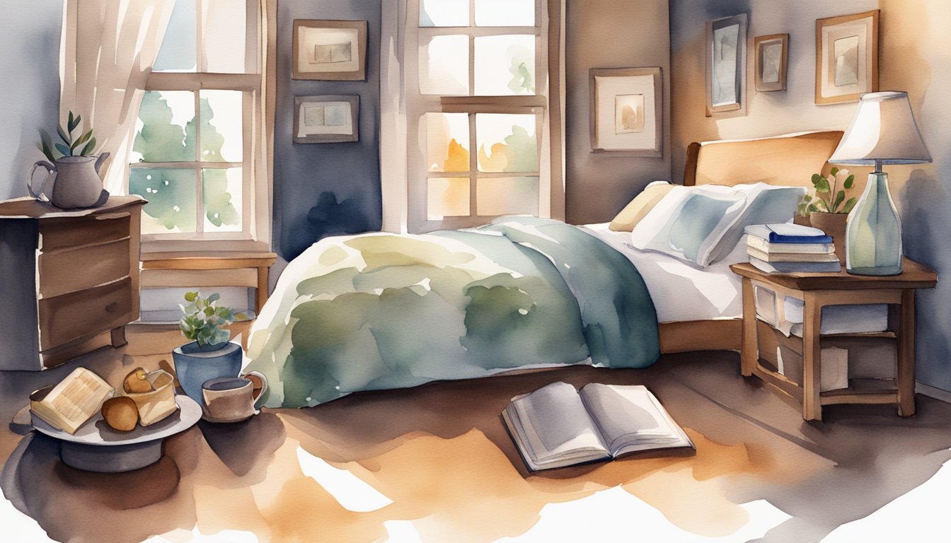 Cozy bedroom watercolor with sunlight and breakfast tray.