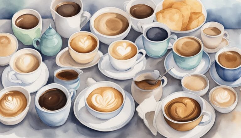 Assorted coffee cups with artistic latte art.