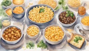 Watercolor illustration of various macaroni and cheese dishes.