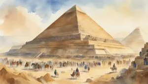 Watercolor painting of Giza pyramids with bustling crowd.