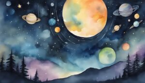 Watercolor painting of a vibrant celestial scene with planets.