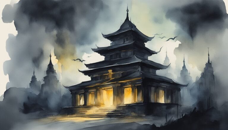 Misty watercolor painting of an ancient Asian temple.