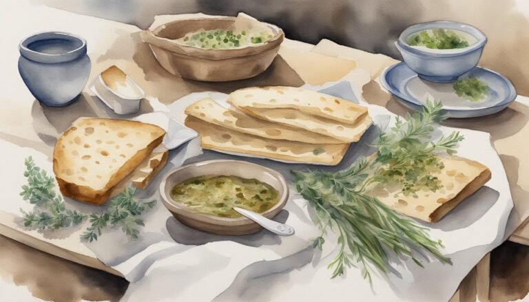 Watercolor painting of a rustic bread and soup meal.