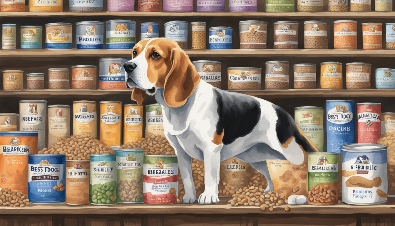 Beagle with various dog food cans on shelves.