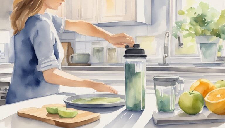 Woman preparing green smoothie in sunlit kitchen.