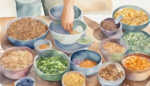 Hand sorting legumes in colorful bowls, watercolor illustration.