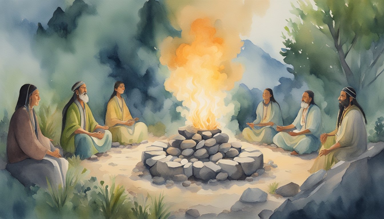 Group of people meditating around campfire in nature.