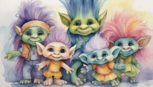 Colorful illustration of five cheerful trolls with vibrant hair.