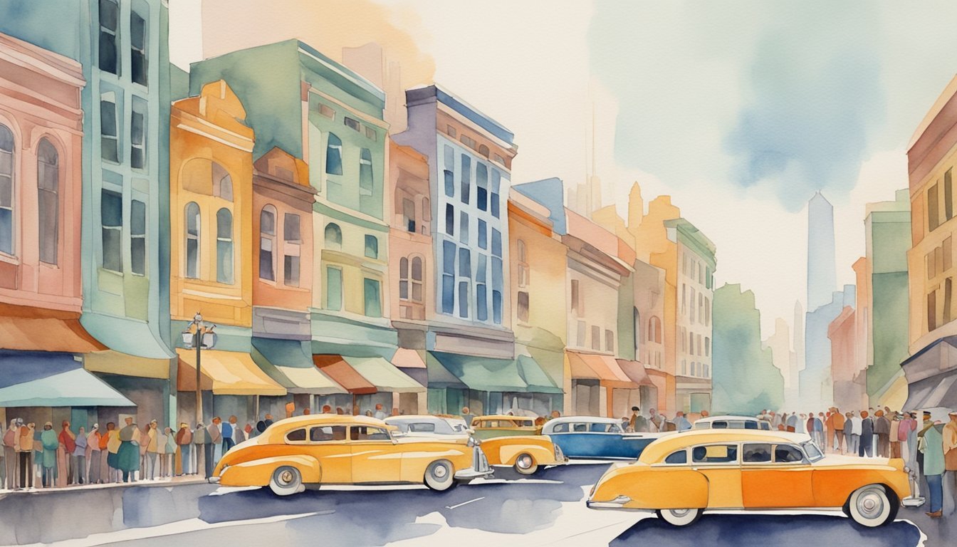 Vintage cars and crowd on a colorful city street.