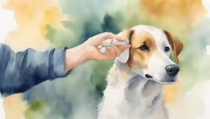 Person applying medication on dog's ear, watercolor style.