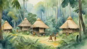 Watercolor of tropical village with thatched huts and villagers.