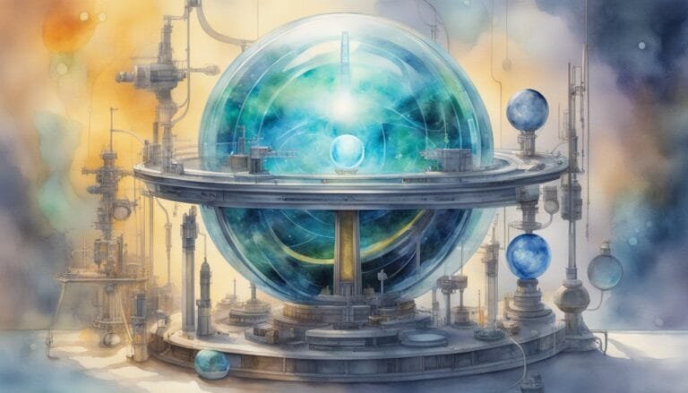 Futuristic watercolor illustration of celestial observatory with orbs.