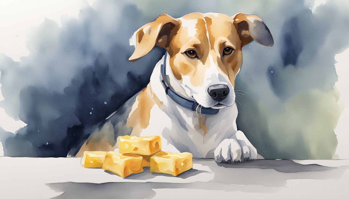 Watercolor painting of dog with cheese blocks