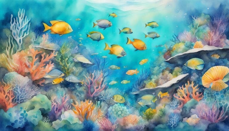 Colorful underwater scene with vibrant fish and coral.