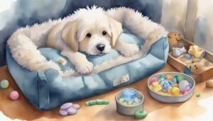 Puppy relaxing in bed with toys and colorful eggs.