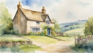 Watercolor of a quaint countryside home with rolling hills.