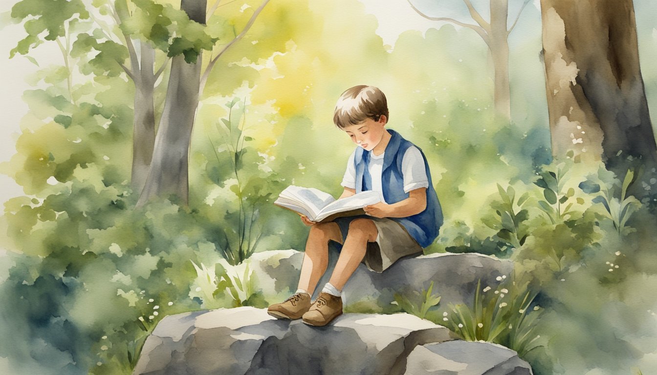 Boy reading book peacefully in sunny forest glade.