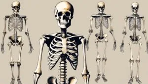 Various human skeletons in different poses on tan background.