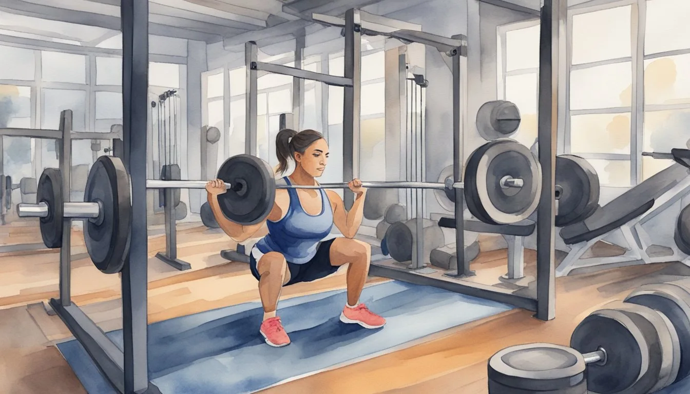 Woman performing barbell squat in gym.