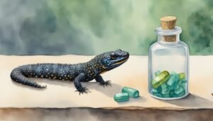 Blue salamander next to glass jar with green capsules.