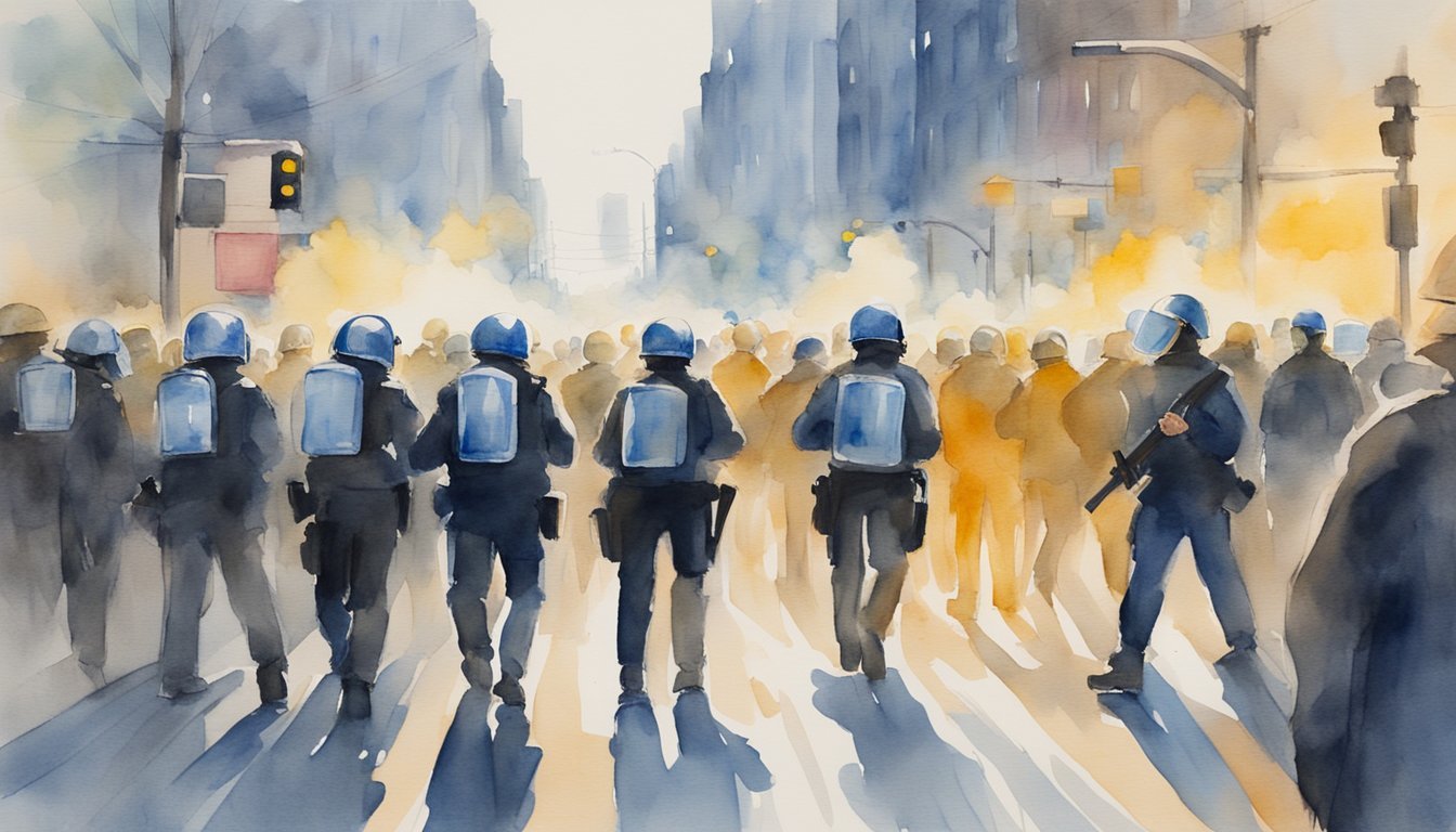 Watercolor painting of police facing protesting crowd.