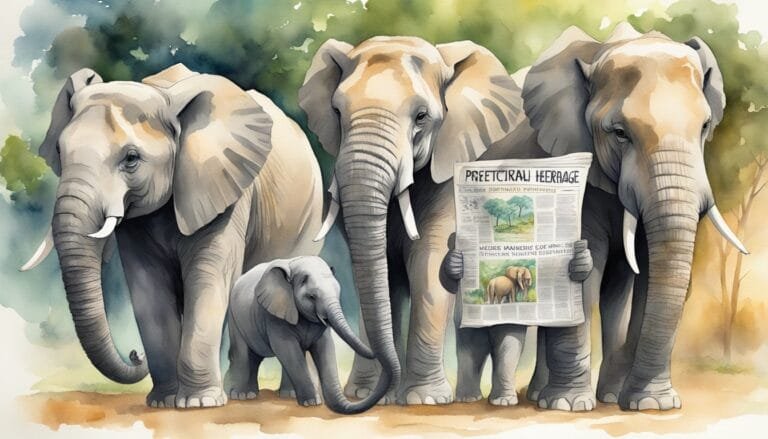 Elephant family reading newspaper in watercolor illustration.